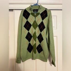 Barbour 1/4 Zip Lambswool Sweater Men's Size L Long Sleeve Collared Argyle Green